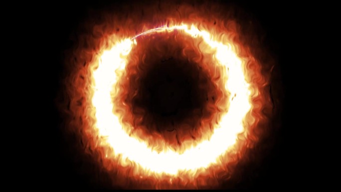 在黑色背景上，一圈火被火焰和火花包围着。4K循环和3D显示