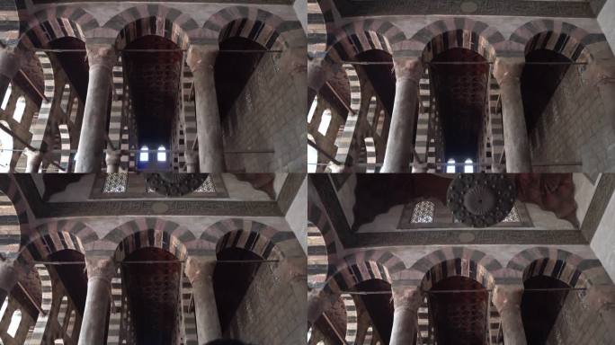 穆罕默德·阿里帕夏大清真寺或埃及开罗的雪花石膏清真寺，拱门灯和天花板的室内设计细节4k