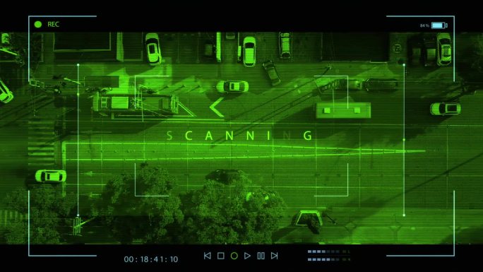 高科技目标监控软件接口扫描车在路上。用于先进目标扫描的高科技无人机控制Ui。高科技城市安防系统中的目
