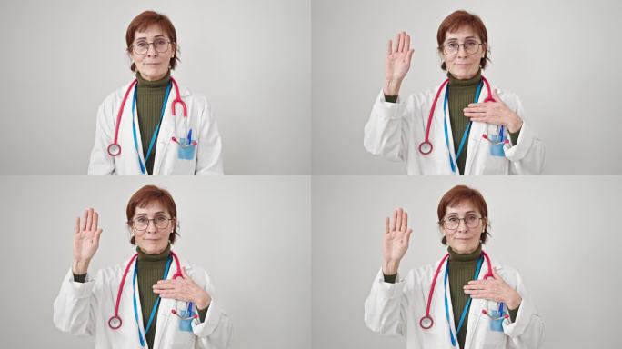 成熟的西班牙裔女医生在孤立的白色背景上把手放在胸前宣誓