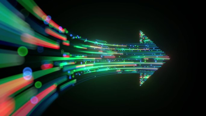 一个循环的三维动画的霓虹灯箭头孤立在一个黑色的背景。发光线和脉冲沿着几何路径滑动