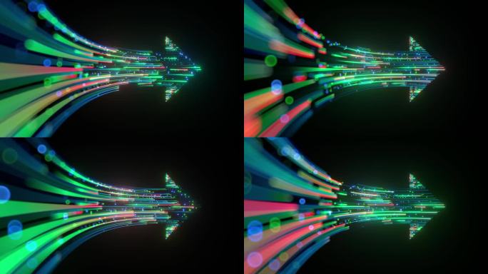 一个循环的三维动画的霓虹灯箭头孤立在一个黑色的背景。发光线和脉冲沿着几何路径滑动