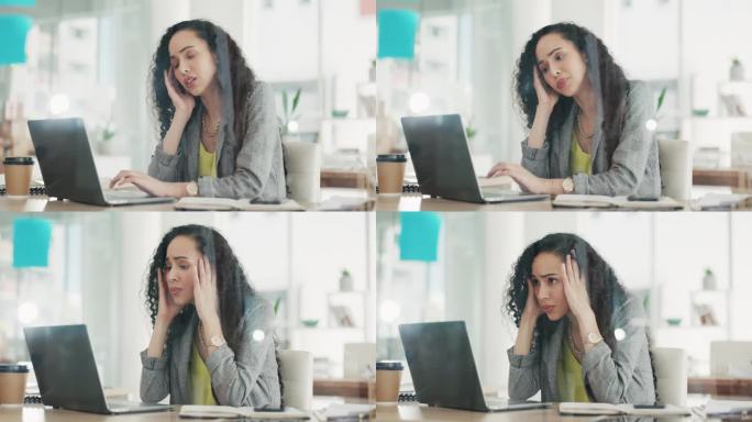 焦虑，压力和商务女性对笔记本电脑的担忧，倦怠和网络问题在办公室办公桌。心理健康，企业和女性员工在电脑