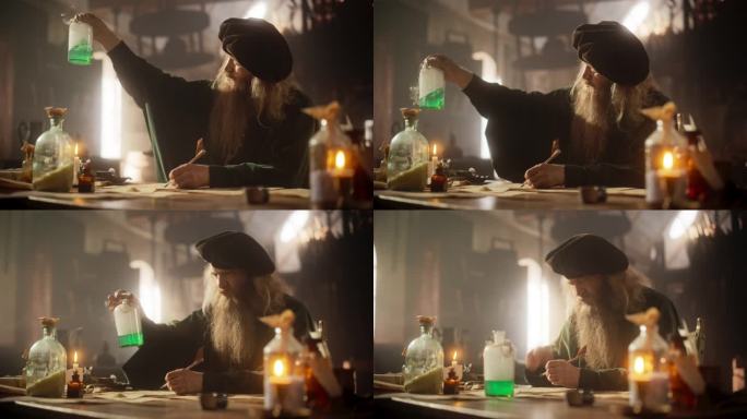 幻想场景:一个炼金术士在他的中世纪实验室里研究长生不老药，做笔记的肖像。一个老巫师正在为他的村庄制作