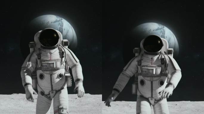 宇航员探索月球。遥远的星球在天空中，覆盖着岩石。第一位登上月球的宇航员。月球车和基站。先进技术，太空