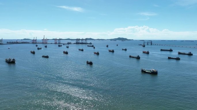 许多石油、原油、天然气船、货物集装箱船近海系泊在海湾石油化工进出口运输和物流，石油泄漏船，工业石油产