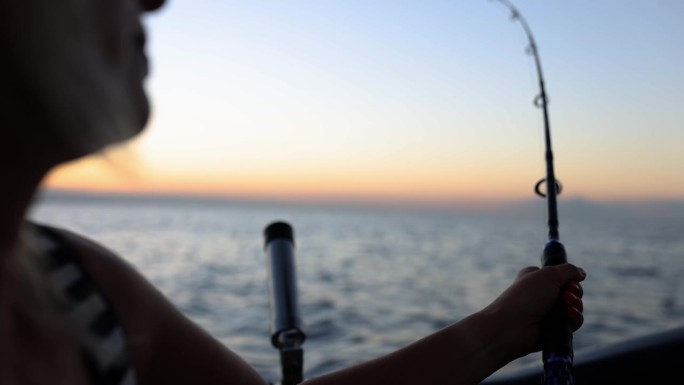 日落时，手持鱼竿的女子在大海背景中捕鱼