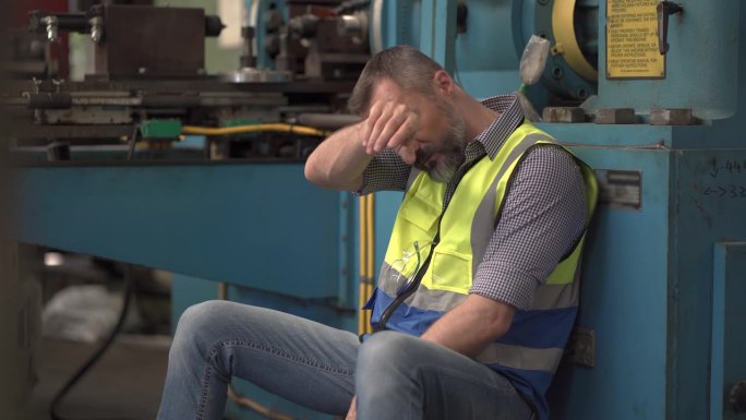 疲倦的高级工程师工人坐在工厂的机器上休息。胡子老男人的劳动手在额头上疲惫的工作。抑郁症员工倦怠。