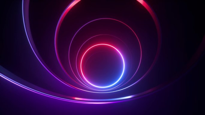 抽象的循环3d动画，缓缓向前移动的无穷无尽的霓虹灯隧道，发光的线性圆圈，圆框。最小的未来主义背景，飞