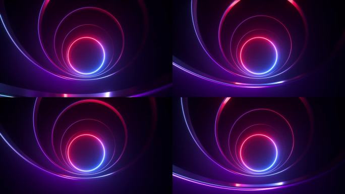 抽象的循环3d动画，缓缓向前移动的无穷无尽的霓虹灯隧道，发光的线性圆圈，圆框。最小的未来主义背景，飞