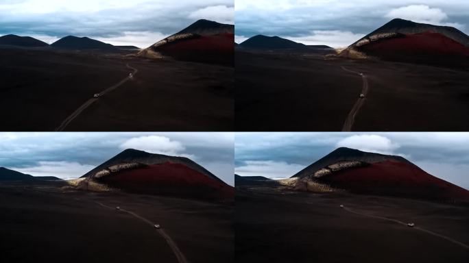越野吉普车在火山土空中行驶
