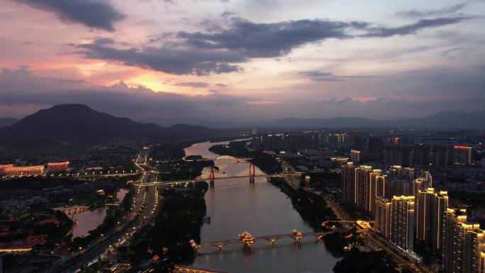 福建漳州城市夕阳晚霞夜幕降临夜景灯光航拍