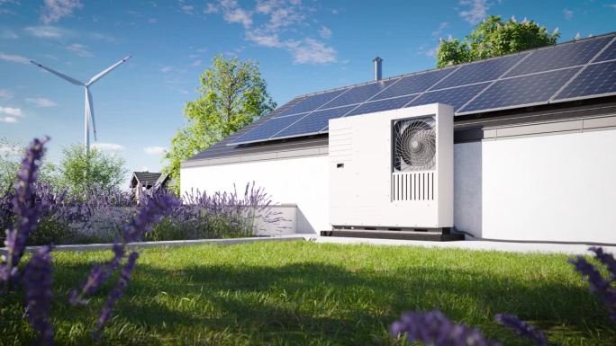 单户住宅的绿色屋顶覆盖着草地，屋顶上安装了带有光伏板的热泵。为该物业提供供暖和空调的生态来源。