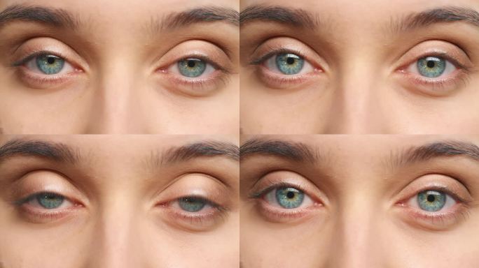 蓝色的眼睛，视力和视力的女人眨眼验光，健康和保健。用微距、变焦或特写观察、意识或凝视人体虹膜解剖的医