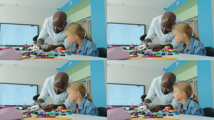 黑人男教师从塑料积木和女孩观察中构建玩具模型