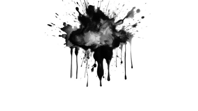黑色墨水溅在白色背景与湿油漆滴。阿尔法哑光墨水纹理