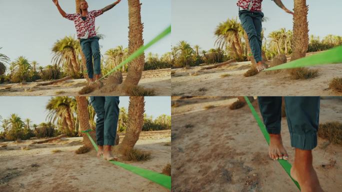 在摩洛哥的海滩上，一个自信的年轻人赤脚走在钢索上，面对着棕榈树和晴朗的天空