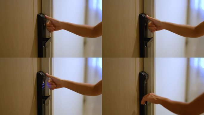 手动使用智能数字门锁，同时打开或关闭家中或公寓的门。NFC技术，指纹扫描，钥匙卡，PIN码，智能手机