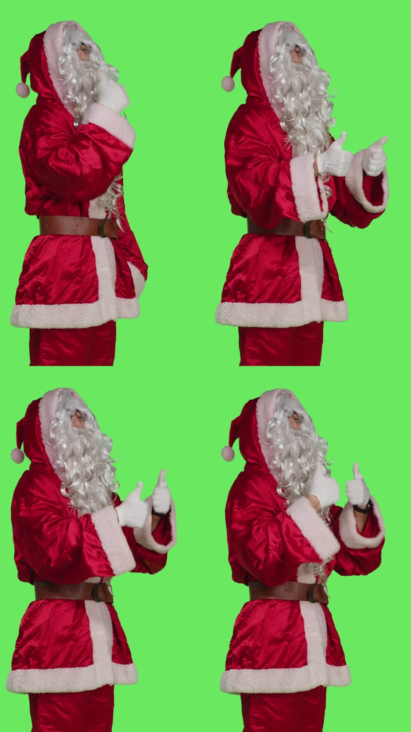 垂直视频圣诞老人竖大拇指的侧视图