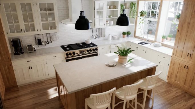 u形厨房的内部，有木制的正面和一个大岛台。时尚，舒适的厨房与电器和植物与阳光。三维渲染