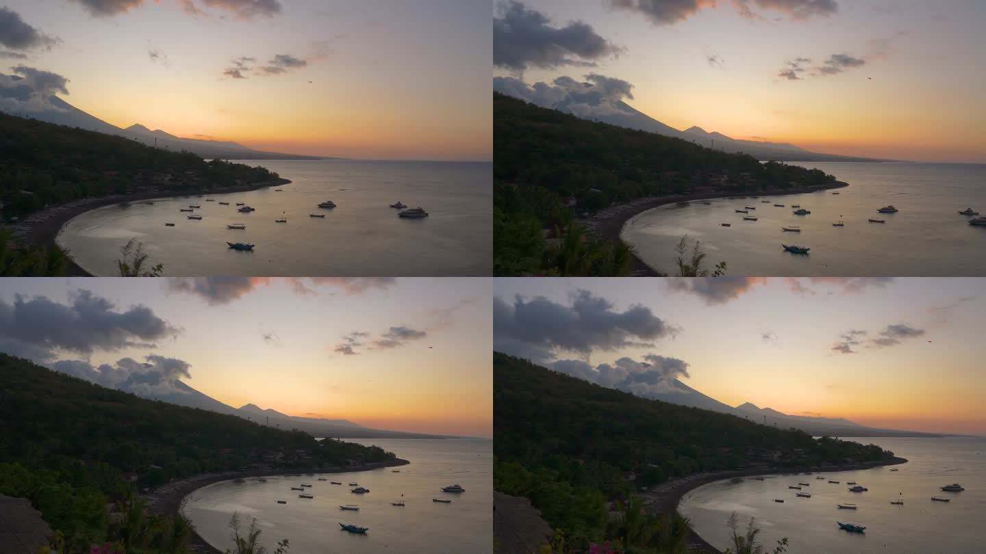 印度尼西亚巴厘岛杰美鲁克湾日落的平移镜头
