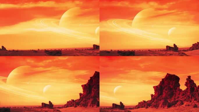 火星的红色岩石表面与遥远的天空中的土星。空间探索和科学研究任务