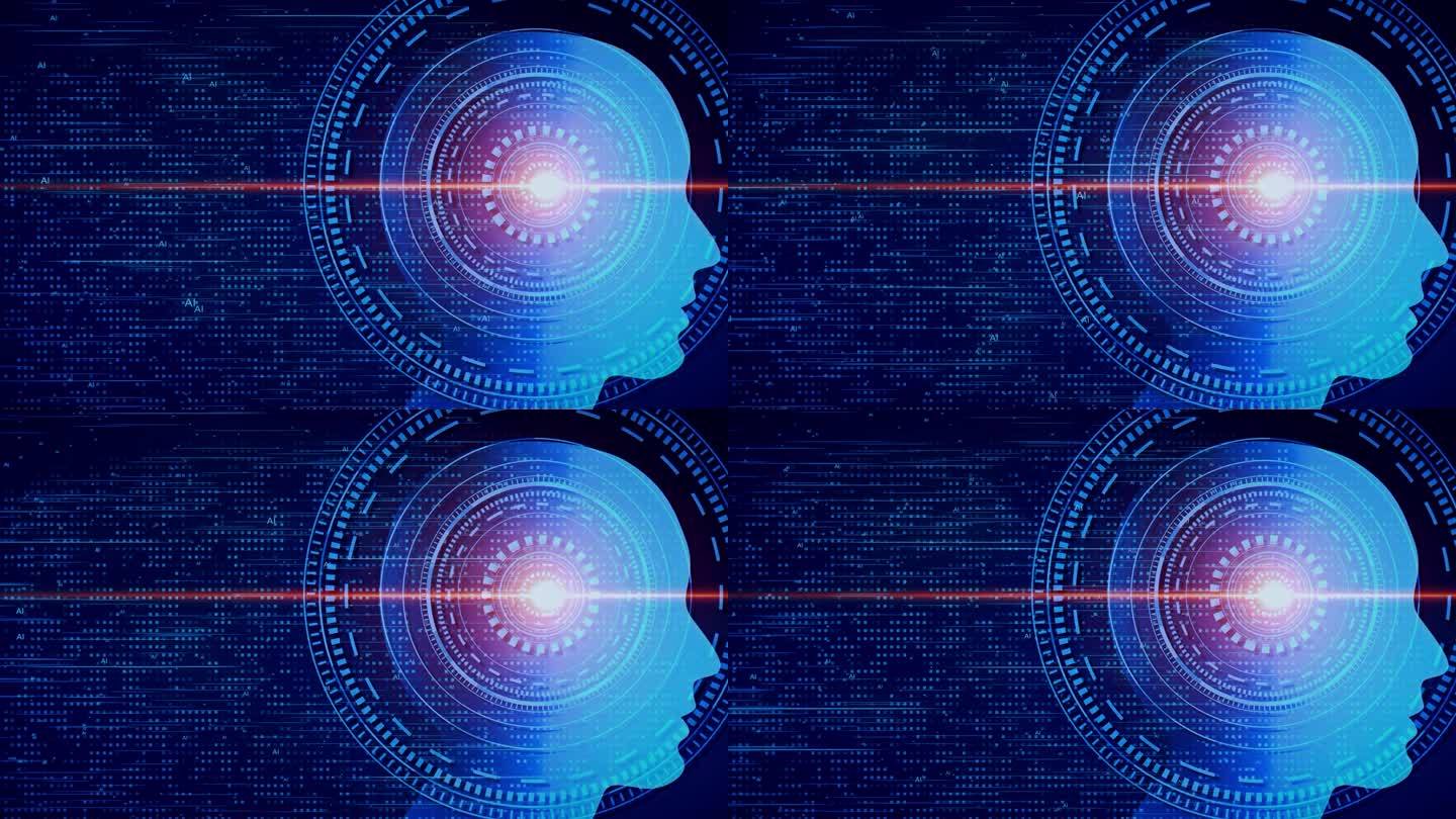 数字AI人工智能未来的大脑动画。人脑接口概念。