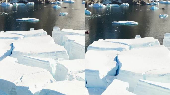 垂直的冰块，宁静的南极洲冰架的崩塌。