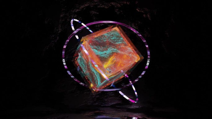 一个循环动画的玻璃立方体与梦幻般的宝石纹理和发光的彩色环。