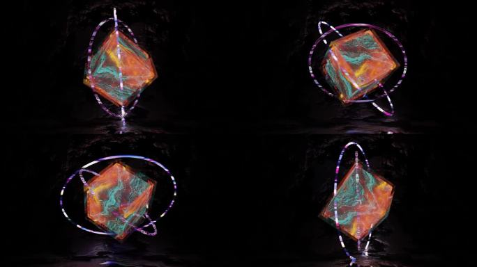 一个循环动画的玻璃立方体与梦幻般的宝石纹理和发光的彩色环。