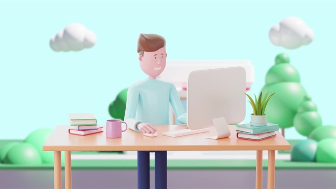 3d动画商人工作在电脑桌面在家庭办公室。
