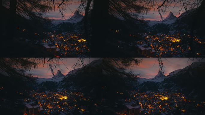 WS黄昏时雄伟的马特洪峰和采尔马特镇的高角度景观