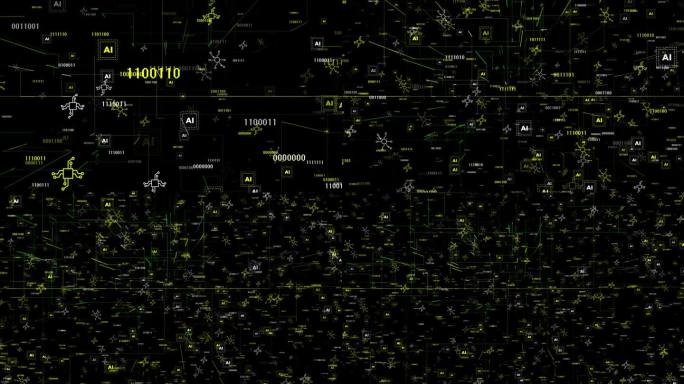 黄白3d技术元素人工智能矩阵黑色背景