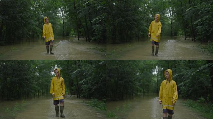 穿着黄色雨衣的微笑男孩走在被水淹没的道路上，树林中