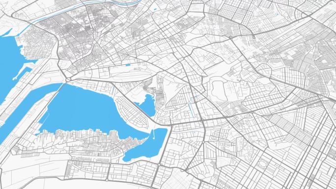 浅灰蓝色卡拉奇地图背景循环。巴基斯坦城市上空盘旋的画面。无缝全景旋转在市中心的背景。