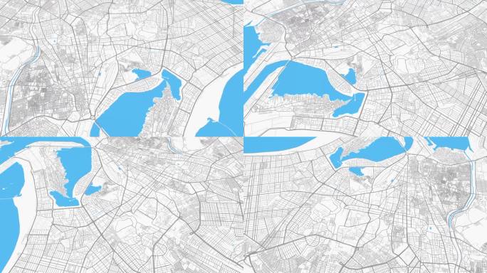 浅灰蓝色卡拉奇地图背景循环。巴基斯坦城市上空盘旋的画面。无缝全景旋转在市中心的背景。