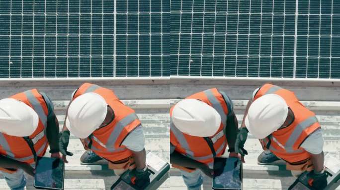 可再生能源开发的太阳能电池板，屋顶或工程团队或光伏建设。清洁能源、创新或从事工业建筑或电网项目的工程