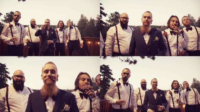 在户外举行的婚礼上，白人新郎和他的伴郎一起抽着古巴雪茄