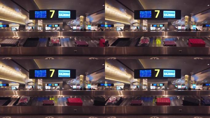 伊斯坦布尔机场的传送带上的行李箱或行李，慢镜头
