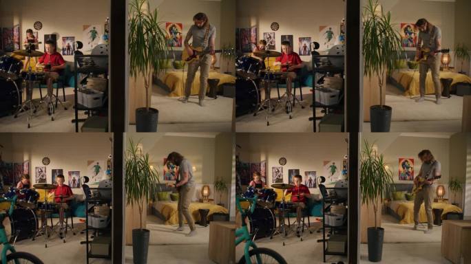 男人在卧室里弹吉他。小男孩玩架子鼓，小女孩玩尤克里里。