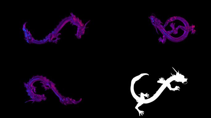 中国龙动画循环无限的标志。包含alpha通道和深度。逼真的模型细节。紫蓝色照明。