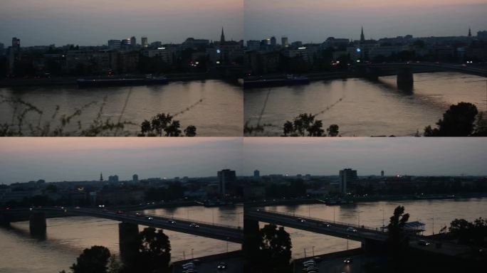 塞尔维亚诺维萨德的日落。城市全景。