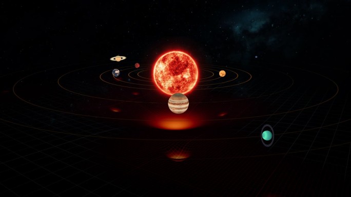 太阳系中太阳和行星引力时空线框模拟