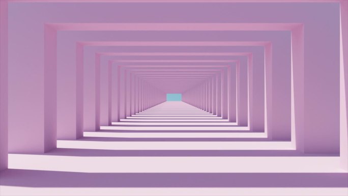 慢飞相机通过浅粉色方形拱门通道的3D渲染