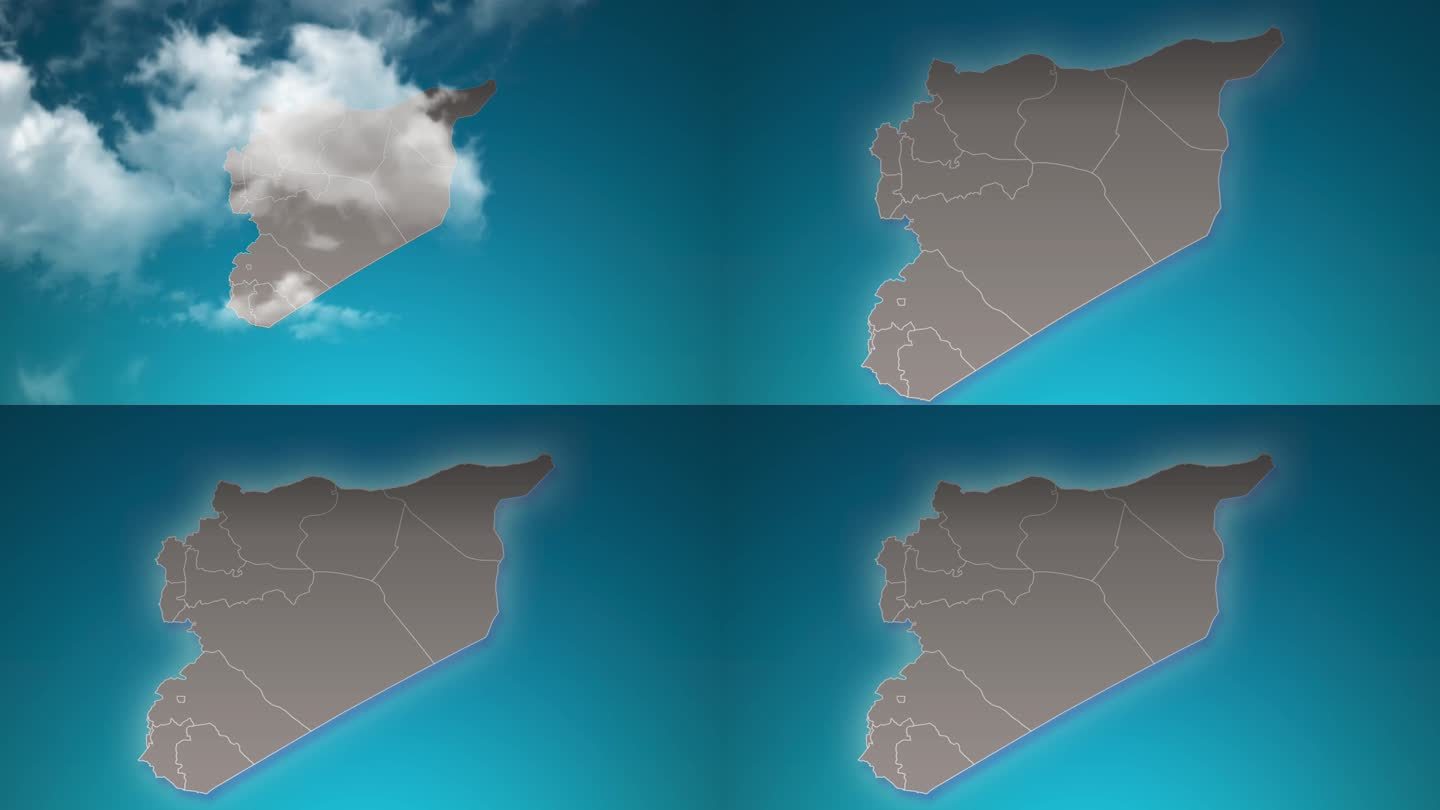 叙利亚国家地图与放大在现实的云飞过。照相机在叙利亚地图上放大天空效果。背景适合公司介绍，旅游，演讲。