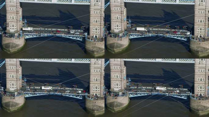 伦敦塔桥上通勤者的鸟瞰图。面部识别界面显示性别，身份证，种族和服装类型。监测的概念。人工智能。网络。