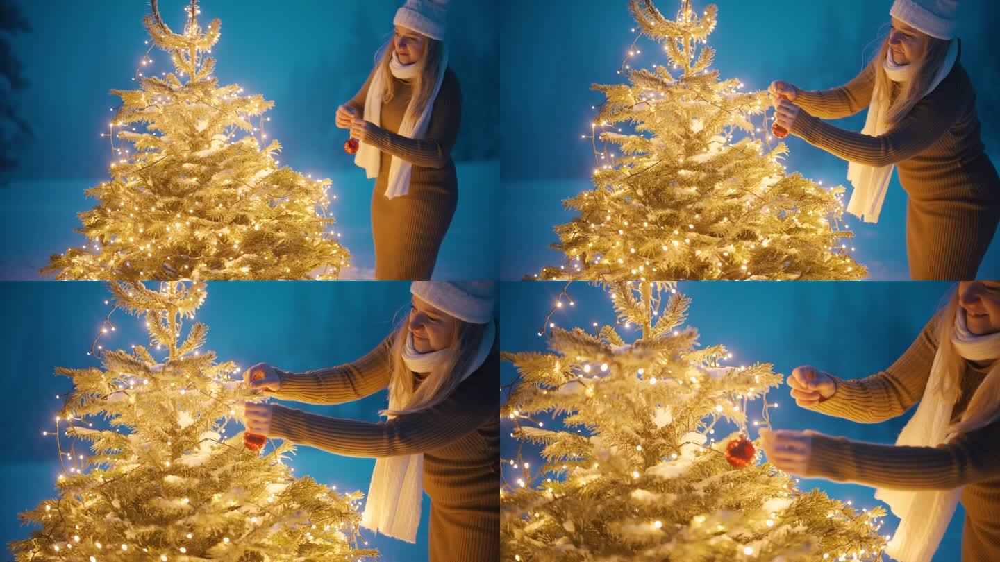一名妇女把装饰品挂在一棵长在雪林间空地上的圣诞树上