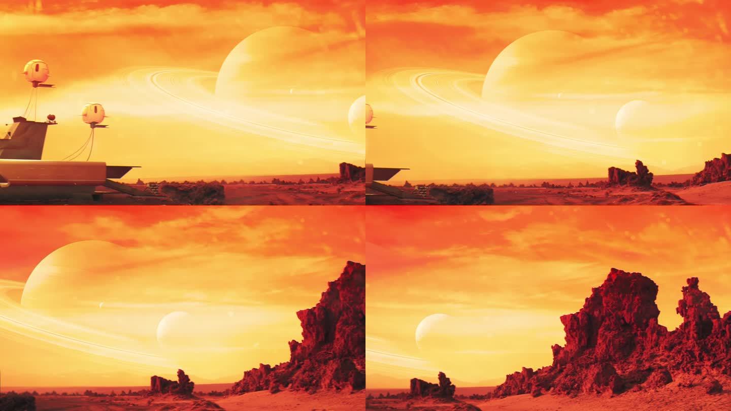 火星表面的未来空间站与遥远的天空中的土星