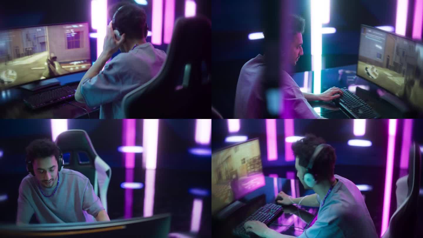 年轻玩家在赛博朋克数字霓虹灯世界的电脑上玩在线视频游戏。穿着时尚休闲服装的男性在互联网上播放射击游戏