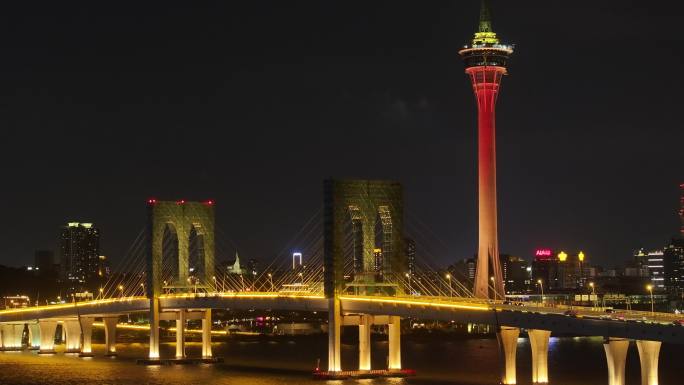 澳门西湾大桥澳门塔夜景航拍